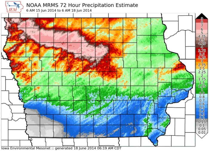 Iowa Environmental Mesonet graphic of rainfall totals from 6 a.m. June 15 to 6 a.m. June 18.