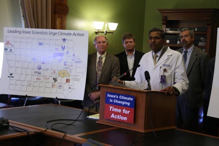 Dr. Yogi Shah, of Des Moines University, speaks during the presentation of Iowa Climate Statement 2015 at the statehouse on May 11, 2015. (KC McGinnis)